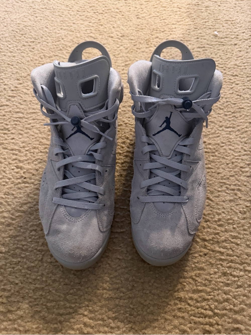 Jordan Light Gray Suede High-Top Sneakers with Navy Jumpman